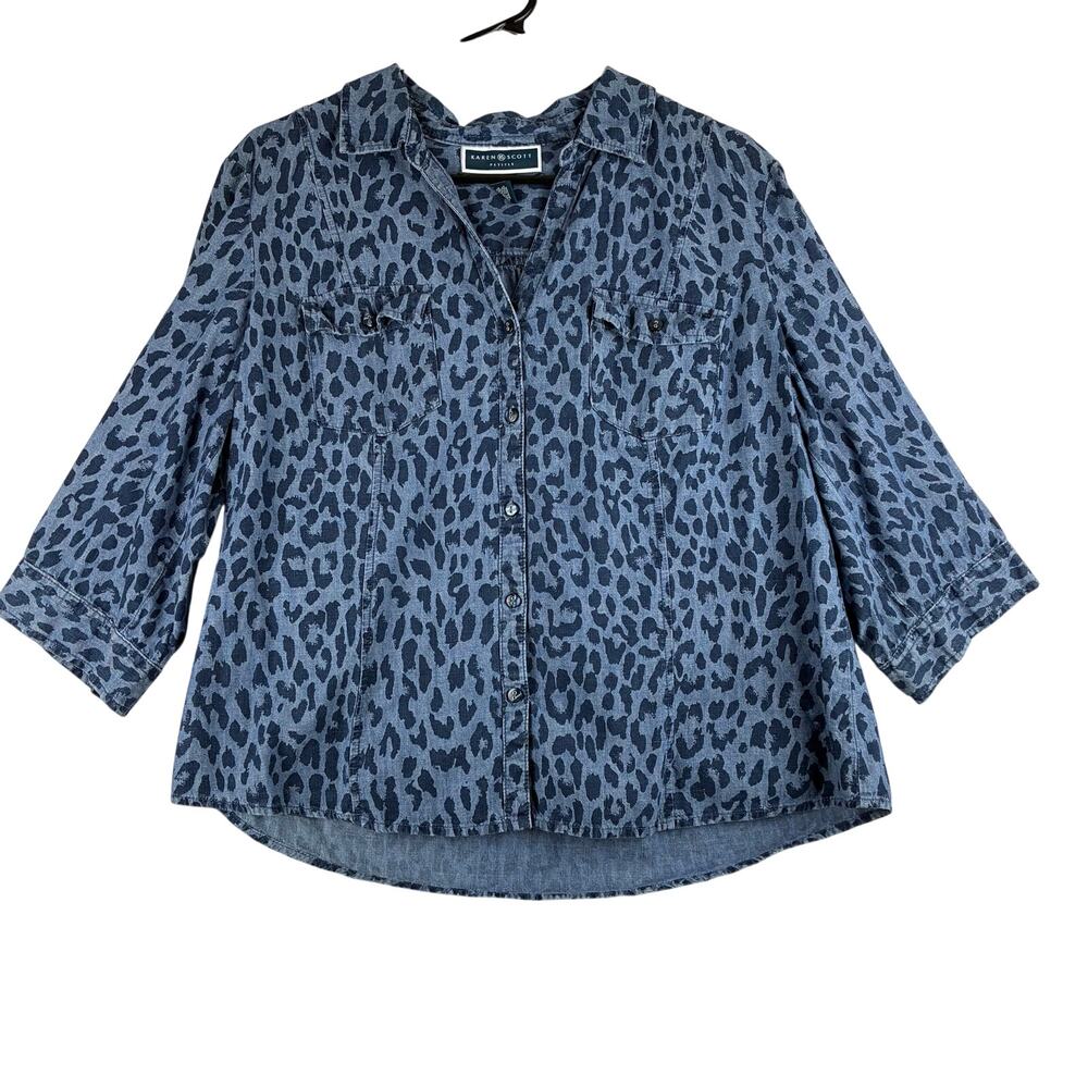 Karen Scott 3/4 Sleeve Button Up Blouse Women's PXL Blue Chambray Leopard Print